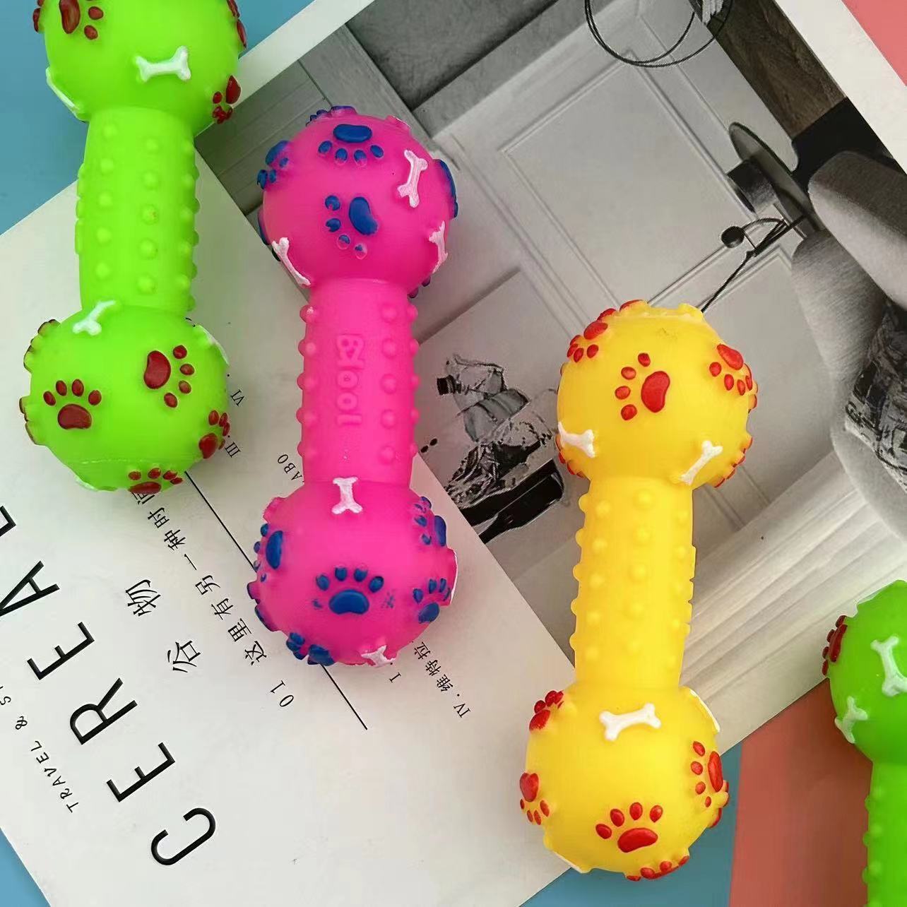 Suministros para mascotas vinilo sonido mancuerna perro juguete hueso molar limpieza dental suministros de entrenamiento para perros Barbell toy