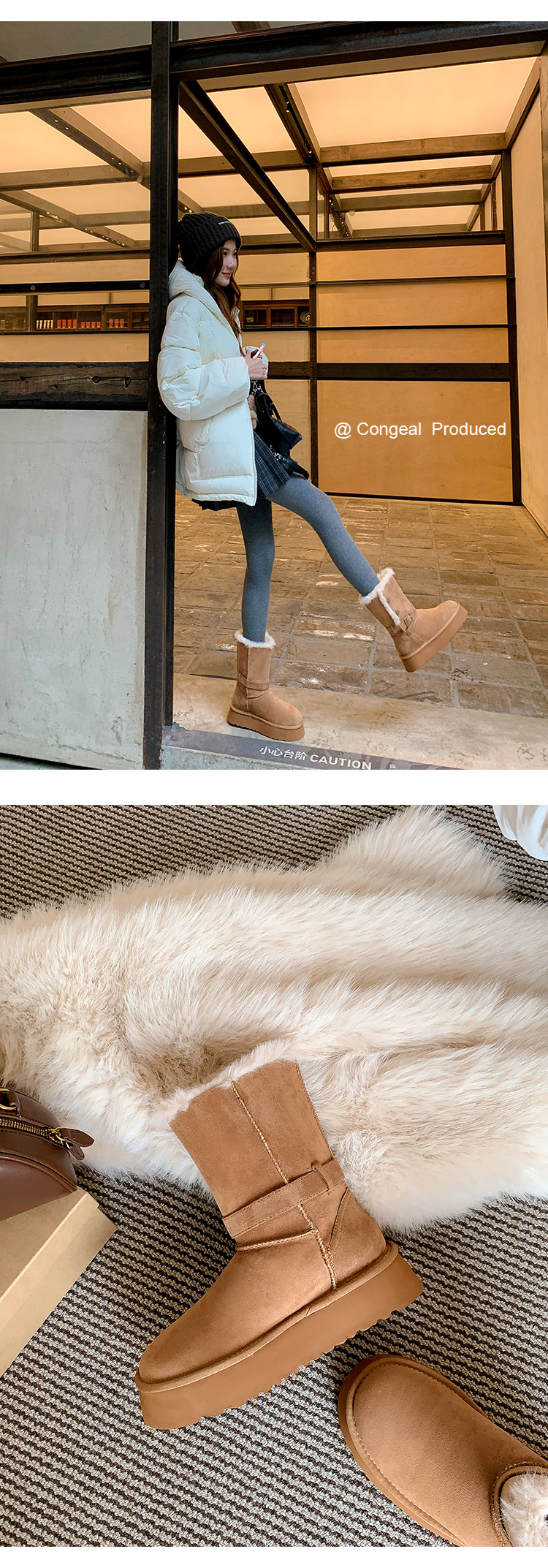 Damen-Winterstiefel mit Kunstfellfutter, dicker Gummisohle, runder Zehenpartie, Schnallenriemen, lässige hohe Stiefel für kaltes Wetter, die kurze Füße verlängern_voghion.com