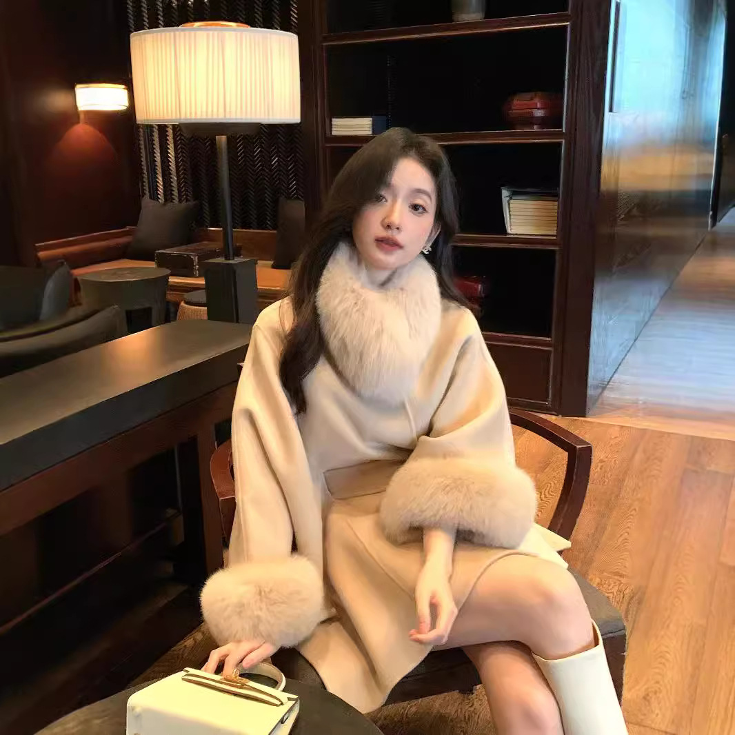 여성용 고급 모직 코트 여우 모피 칼라 25 가을 겨울 신상 양면 캐시미어 코트 중간 길이