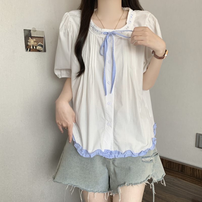 大码女装夏季新款短袖打底衬衫百搭花边法式上衣女设计感T恤