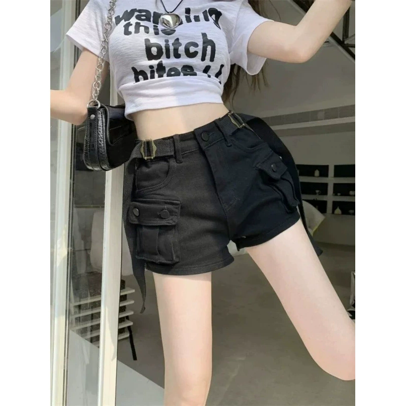 Американская ретро рабочая одежда, джинсовые шорты для женщин, новые узкие уличные шорты трапециевидной формы с высокой талией, повседневные брюки