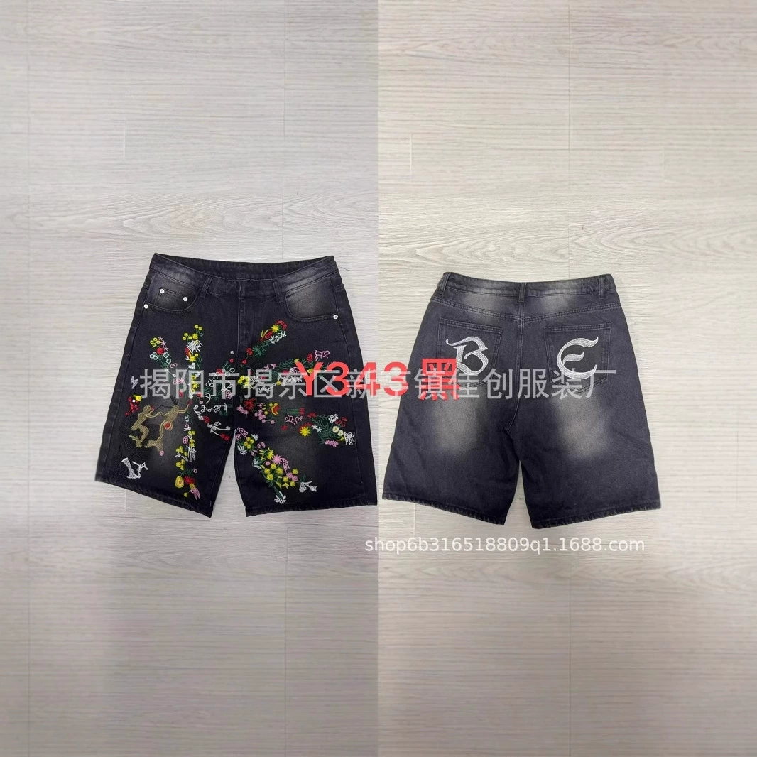 Европейские и американские трансграничные американские модные уличные шорты в стиле хип-хоп Harajuku, универсальные свободные повседневные джинсовые шорты с вышивкой для мужчин и женщин летом