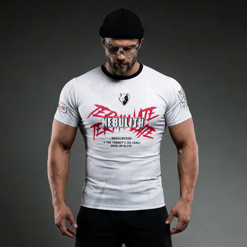 Vszap Sports Style Men's Short-Sleeved T-Shirt with White Printed Letters, Slim Fit, Quick-Drying Fitness Training Clothes