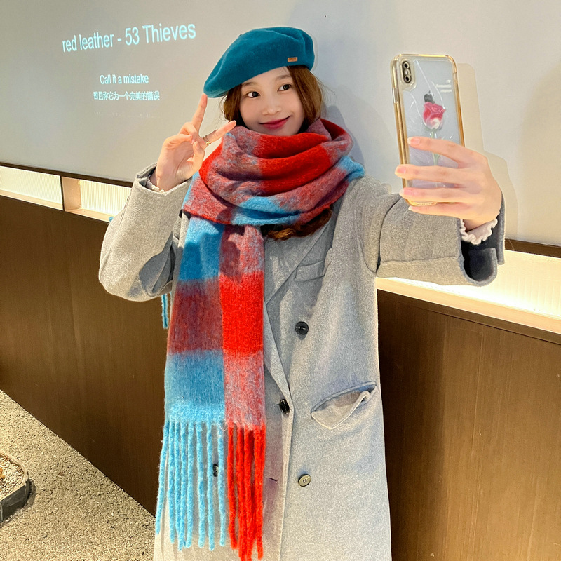 杨幂同款彩色条纹格子围巾女秋冬新款长款流苏披肩仿羊绒保暖围脖