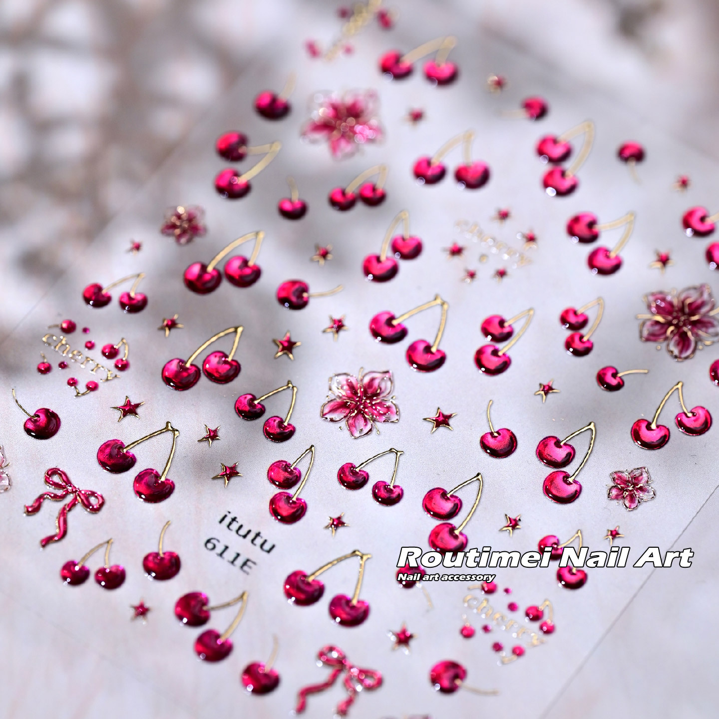 Summer Cherry Dream Fresh Little Flower New Laser Pink 3D Nail Art Stickers Fingertip Fruit DIY Decoration Stickers