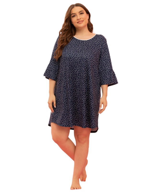 亚马逊独立站爆款外贸大码女装连衣裙短袖波点印花睡裙胖MM睡衣