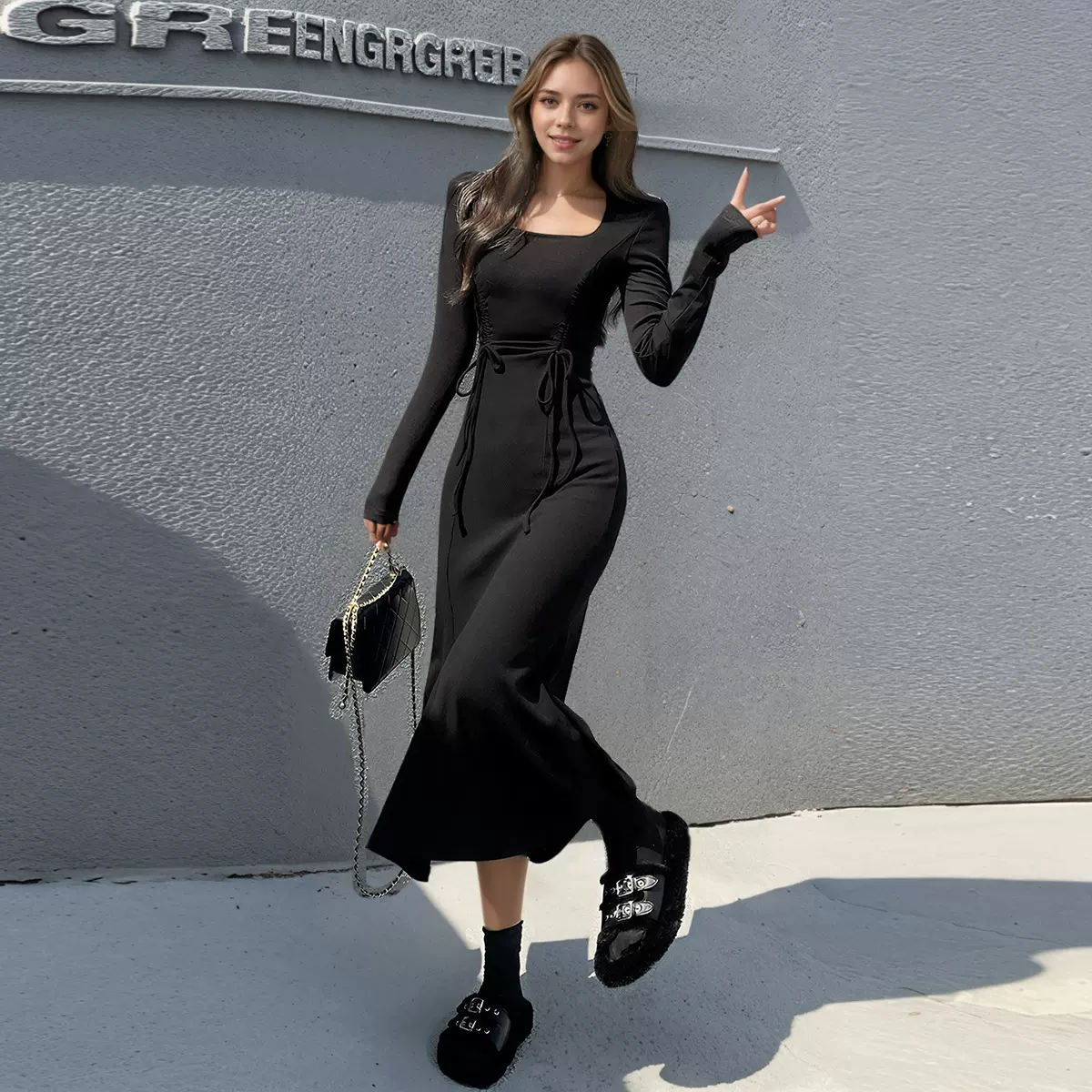 亚马逊速卖通春季新款气质名媛风法式优雅方领收腰中长款连衣裙女