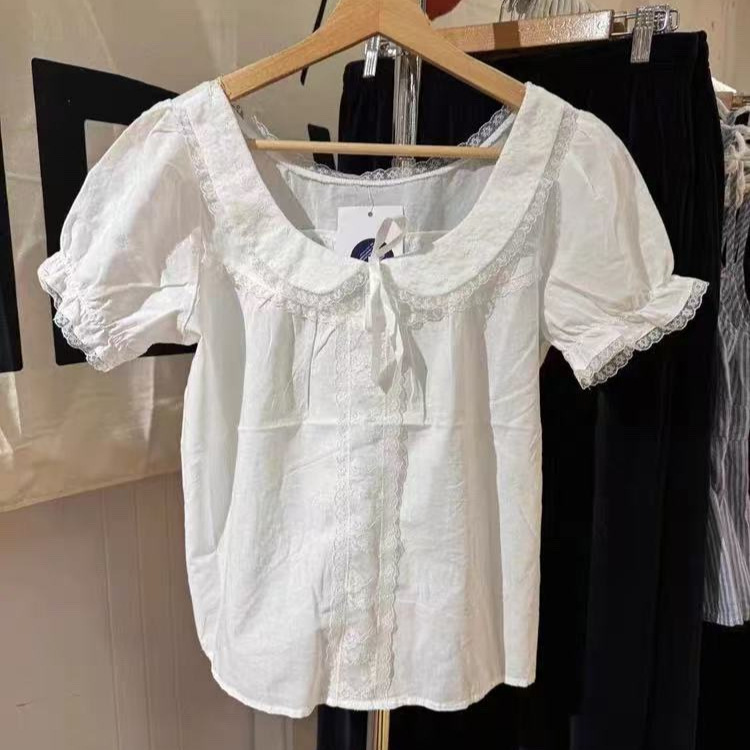 Bm Style White Lace Splicing Doll Collar Bow Puff Sleeve Shirt Women's Ruffled Shirt Top Summer