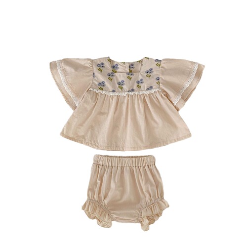  Summer Infant and Toddler Trumpet Puff Short-Sleeved Square Neck Top + Fungus Hemming Pants Two-piece Set
