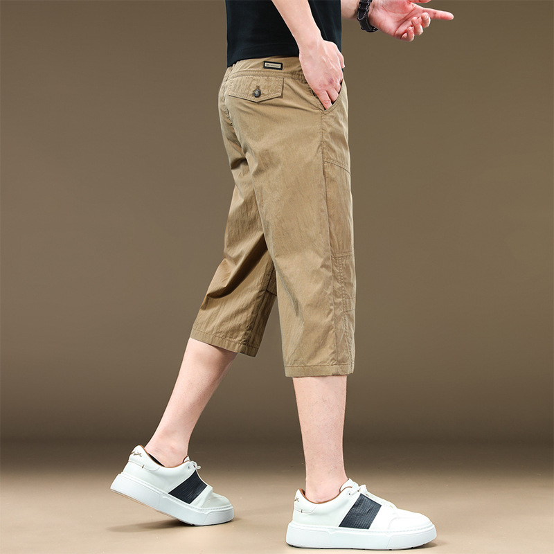 Hong Kong Ice Silk Cropped Casual Pants for Men, Loose Straight Versatile 7-Point Shorts, 2025 Summer Thin Workwear Shorts