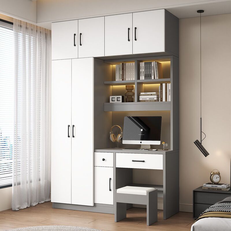 Solid Wood Wardrobe for Home Bedroom with Desk Integrated Combination Small Apartment Student Study Computer Desk Conjoined Wardrobe