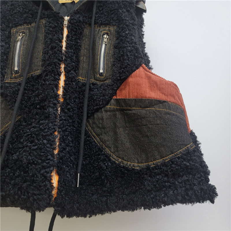 Personalidad para hacer viejos jeans con chaleco encapuchado de terciopelo para mujeres otoño y invierno 2025 nuevo chaleco de moda de color de contraste image 4