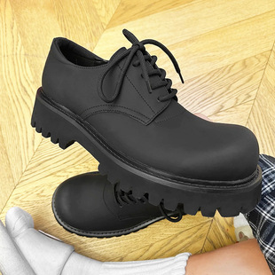 Derby shoes men's and women's black matte big toe leather shoes Mickey Derby shoes thick sole height increasing casual all-match casual shoes