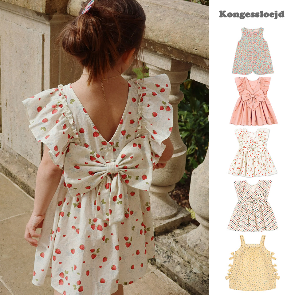in stock 25 Summer New Children's Wear ks Same Style Strawberry Love Bow Floral Sleeveless dress Women's Vipped Dress