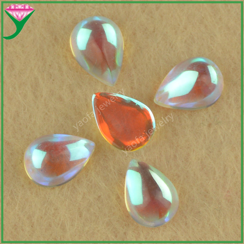 供应AB彩幻彩月光石玻璃梨形平底素面裸石 水滴钻卜蛋面戒面宝石