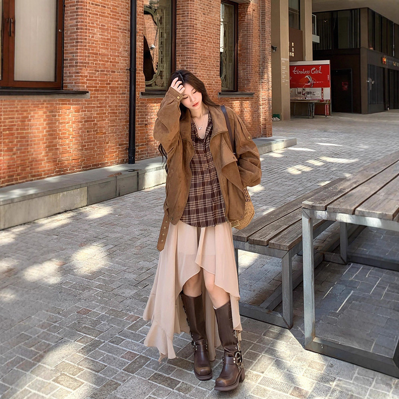 麂皮绒机车外套秋季复古美拉德休闲宽松慵懒翻领廓形感夹克女|undefined