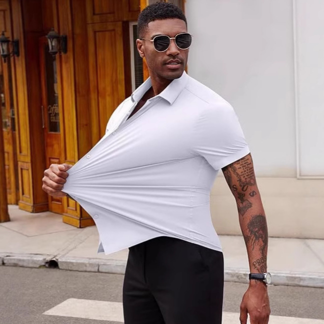 Summer high stretch men's seamless non-ironing ice silk short sleeve shirt plus fertilizer increase thin solid color shirt for foreign trade Summer high stretch men's seamless non-ironing ice silk short sleeve shirt plus fertilizer increase thin solid color shirt for foreign trade
