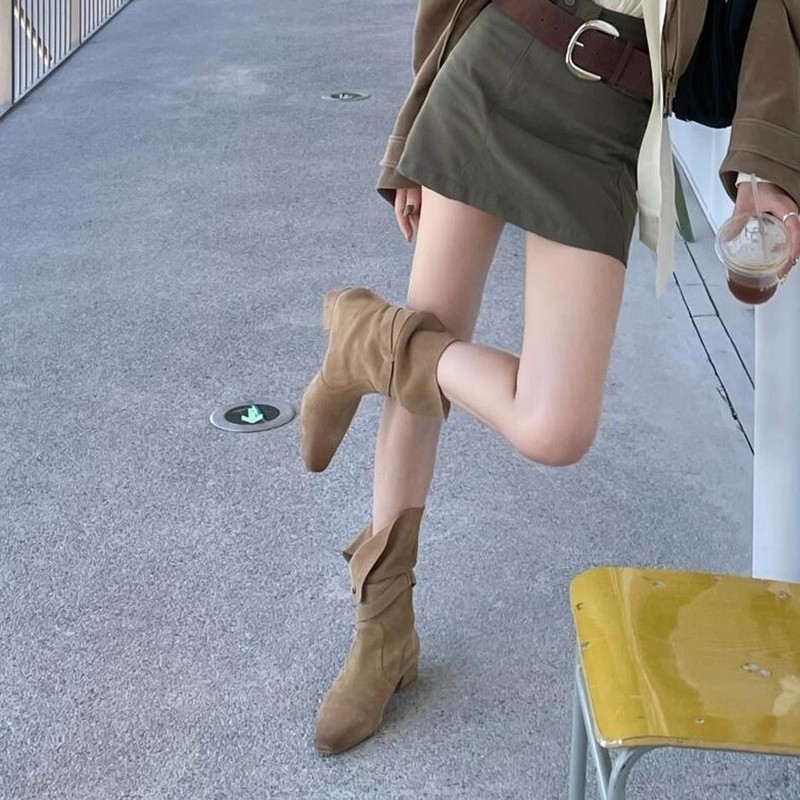 羊皮版~复古西部牛仔靴两穿堆堆靴显瘦皮带扣粗跟短筒靴女骑士靴|undefined