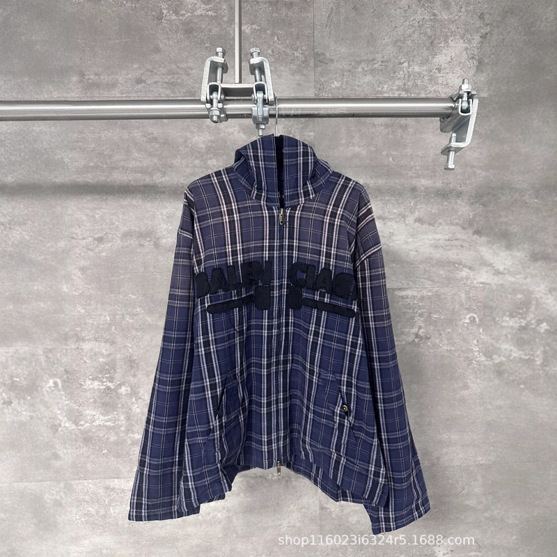 Correct Version B's 25Fw New Navy Blue Color-Blocked Plaid Flannel Hooded Zipper Jacket Loose