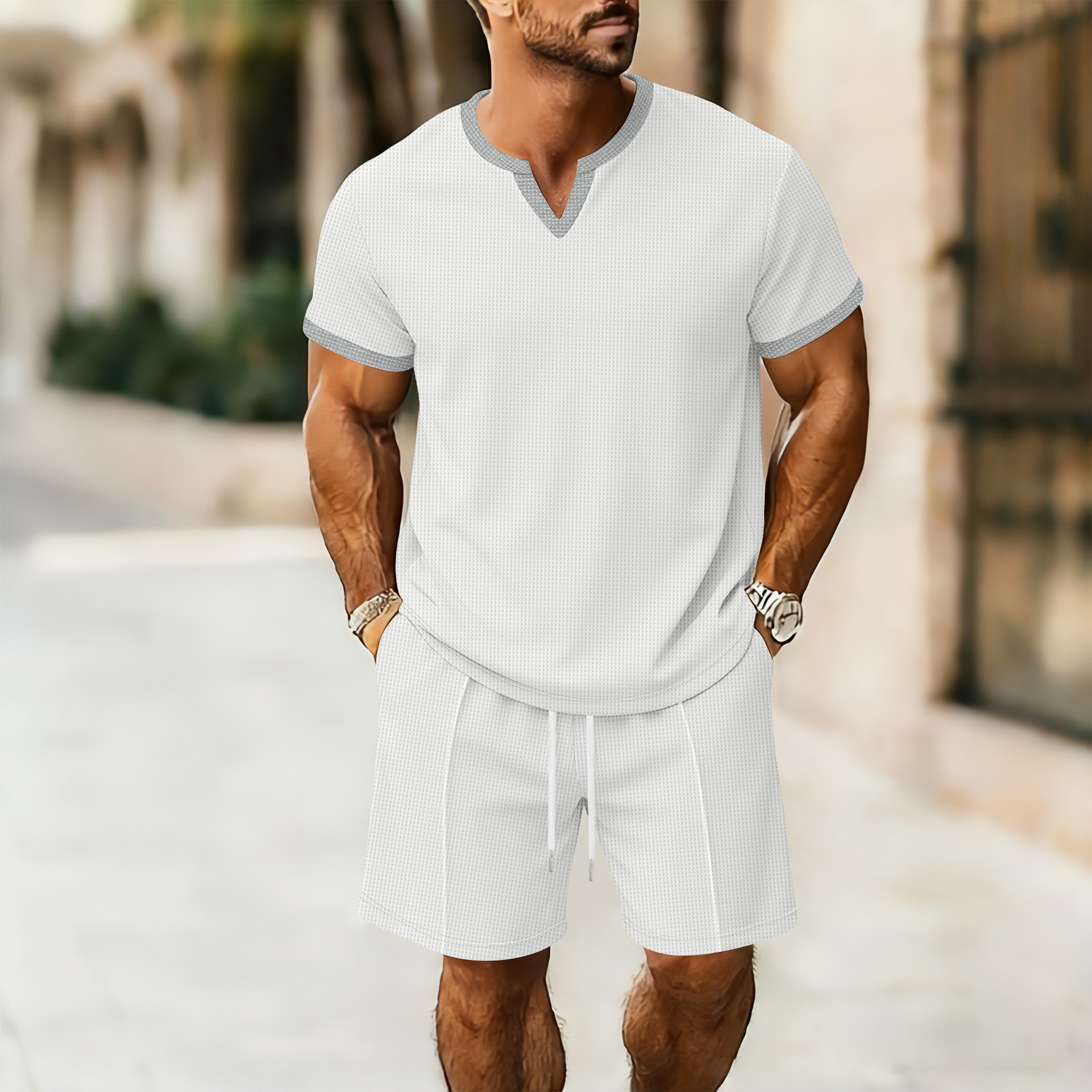 Herren Waffelstrick V-ausschnitt Set Mit T-shirt Und Kurzer Hose_voghion.com
