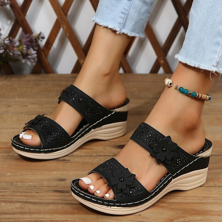 2022 Summer Retro Casual Floral High-Heeled One-Strap Women's Wedge Sandals Breathable Comfortable European and American Style Non-Tiring for Feet