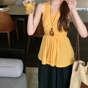 Korean Versatile Flower Embroidery Slimming Sleeveless Top Summer Dopamine Yellow Tie-Up Vest for Women