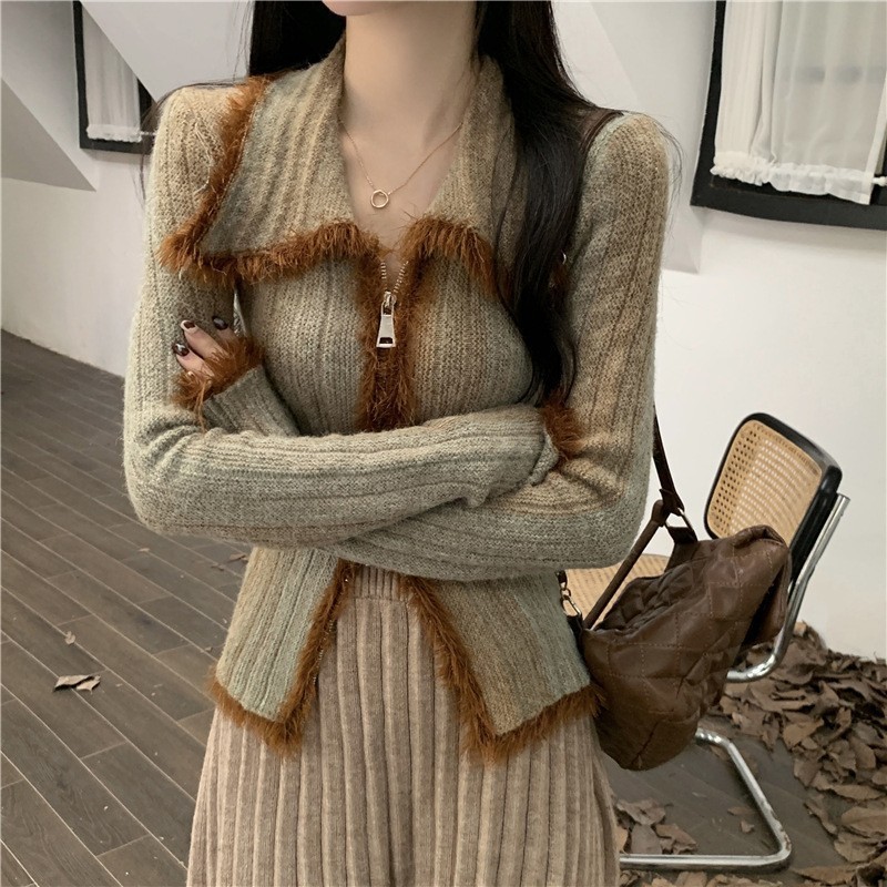 渐变色针织开衫女春季新款内搭双拉链毛衣翻领毛衣美拉德打底上衣|undefined