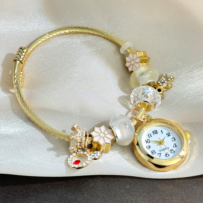 Cross Border Gold Bracelet Watch Adjustable Opening Alloy Bracelet Quartz Watch Beaded Floret Pendant Pan La Watch