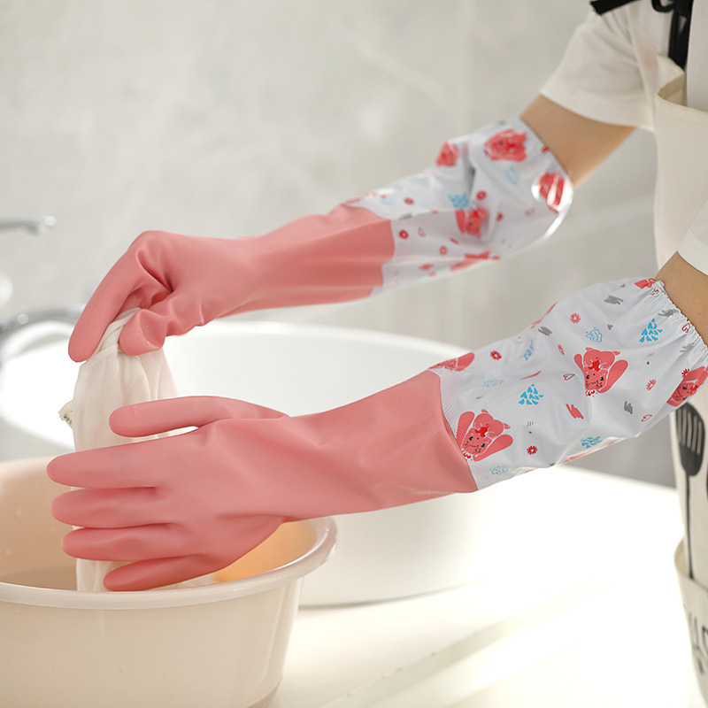 Guantes de lavado de platos de cocina más veludo grueso de goma látex guantes de lavado de ropa impermeable guantes de calor alargados