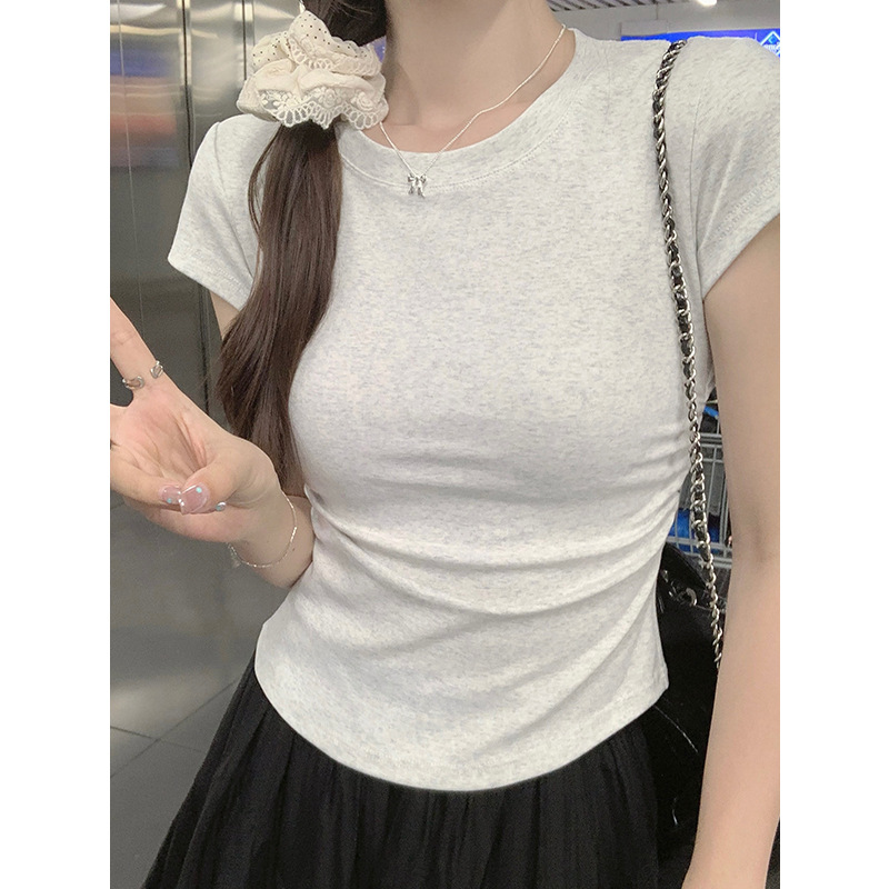 K005 그레이 라운드넥 플리츠 웨이스트