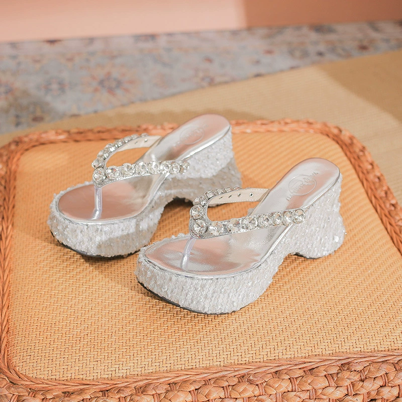 9988-5 Серебряные тапки на каблуке на толстой подошве женские 2025 новые летние наружные носки