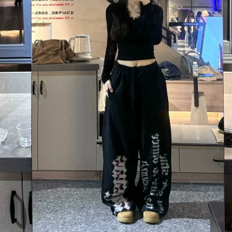 Korean Style High Street Trendy Gothic Letter Print Sports Pants Spring New Design Jazz Dance Casual Pants for Women Korean Style High Street Trendy Gothic Letter Print Sports Pants Spring New Design Jazz Dance Casual Pants for Women
