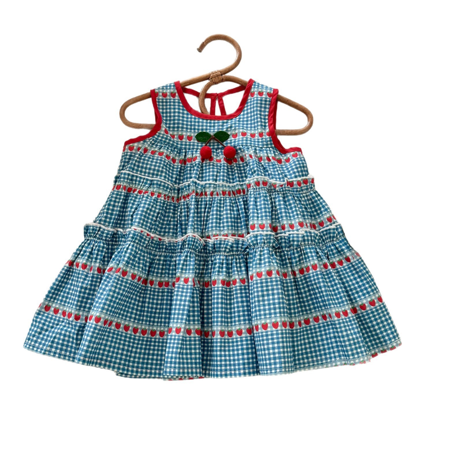 Xianning siete ropa para niños verano nuevo estilo niña dulce azul a cuadros vestido sin mangas falda chaleco de cereza de bebé femenino