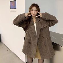 大码胖mm西装毛呢外套女秋冬复古感宽松中长款呢子大衣200斤