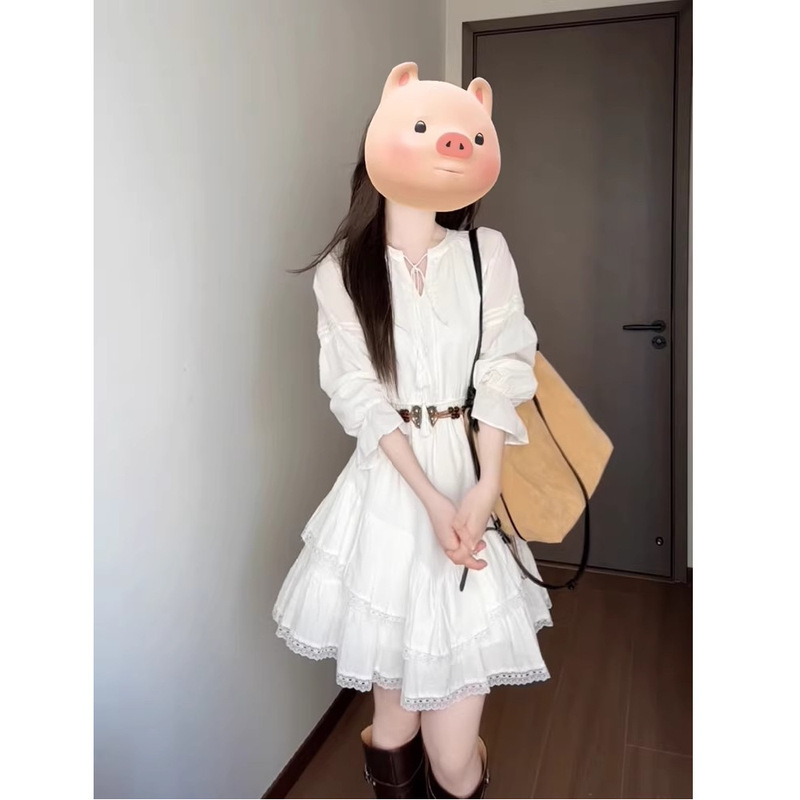 French-Style V-Neck Heavy Lace Patchwork White Long-Sleeve Dress for Petite Figures, Fairy-Like Autumn Shirt Dress