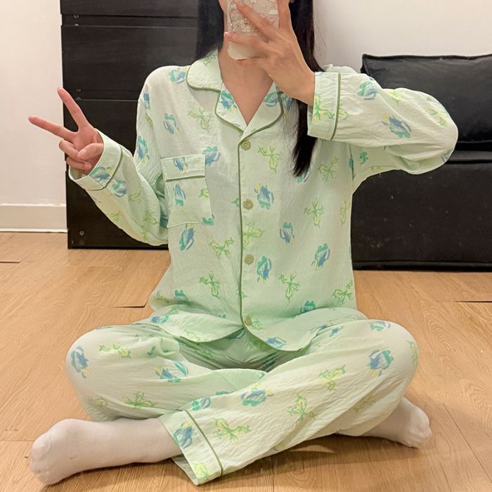 Estudiantes coreanos dulce caricatura perro impresión pijama de primavera y otoño nuevo algodón nubes manga larga set de ropa para el hogar