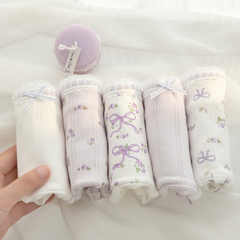 Upgraded Extended Crotch 10A Antibacterial Underwear Women's Type a Cotton Purple Bow Floral Pure Cotton Mid-Waist Briefs