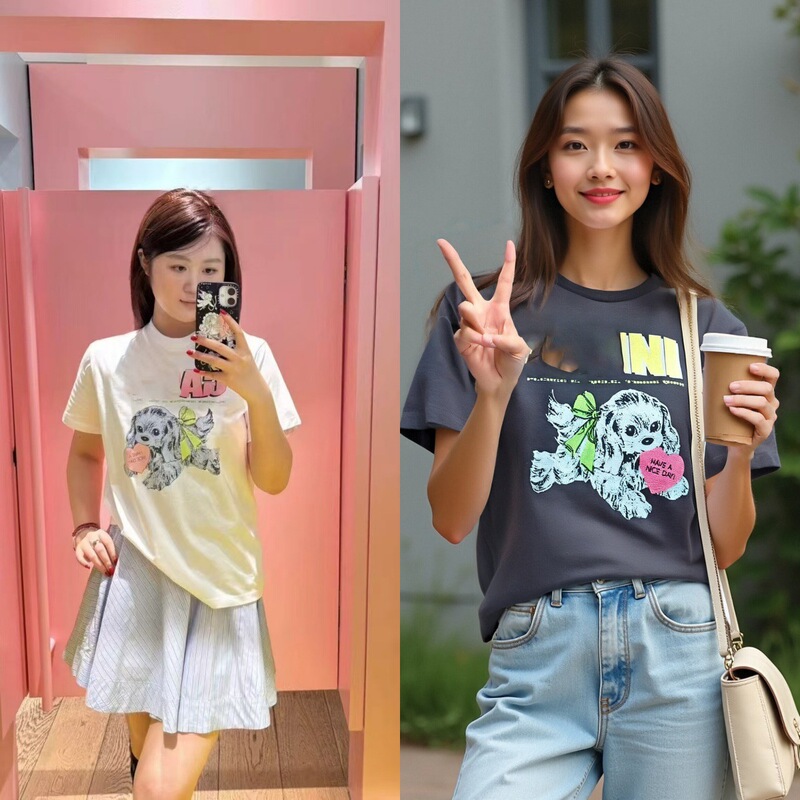 2025 New Autum Niche Designer Letter Happy Dog ​​Print Round Neck Pure Cotton Loose Short-Sleeved T-Shirt for Women