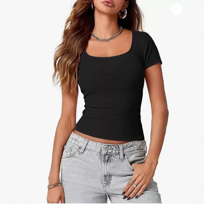 跨境春夏Y2K女装新款欧美修身辣妹内搭T恤短袖方领纯色bm上衣外穿