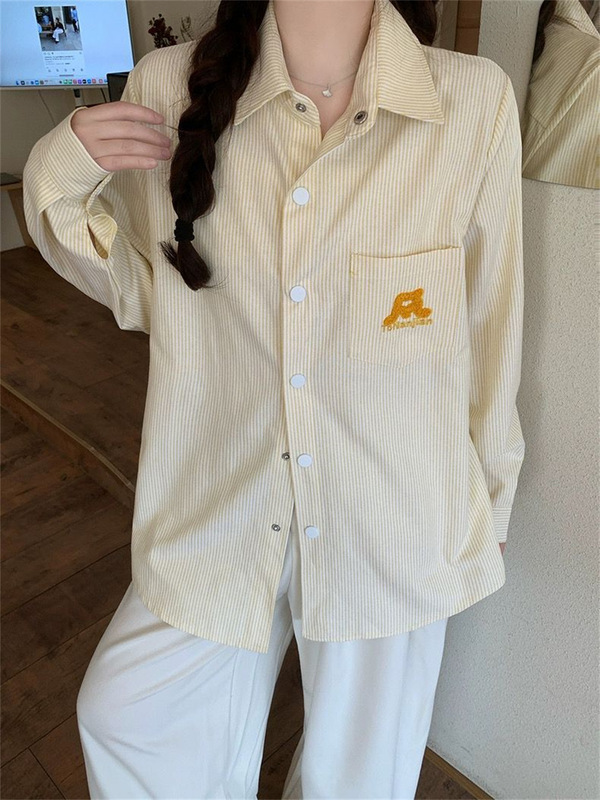 美式复古黄色条纹Polo领衬衫外套女春秋宽松休闲开衫慵懒衬衣上衣|undefined