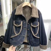 Fleece denim winter short jacket, high waist