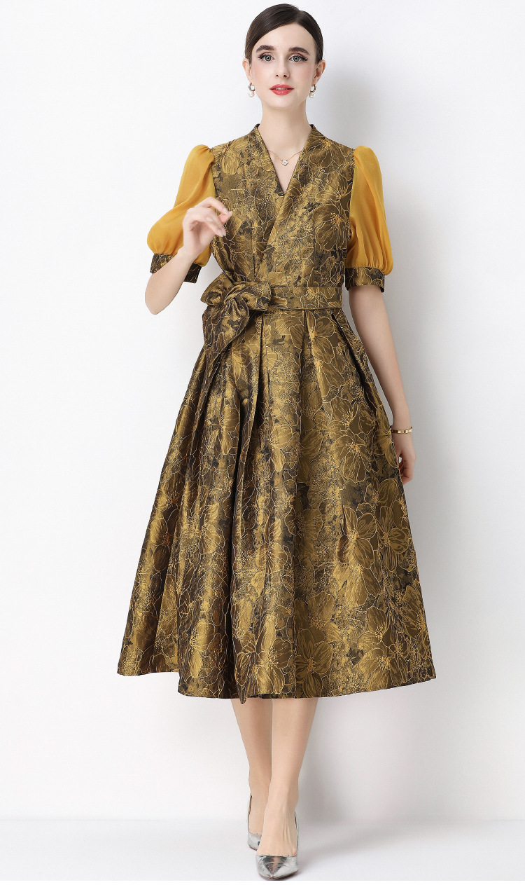Đầm maxi nữ thắt eo V cổ tay ngắn họa tiết jacquard thanh lịch — màu đen, xanh lam, Màu hồng, màu trắng chi tiết 28