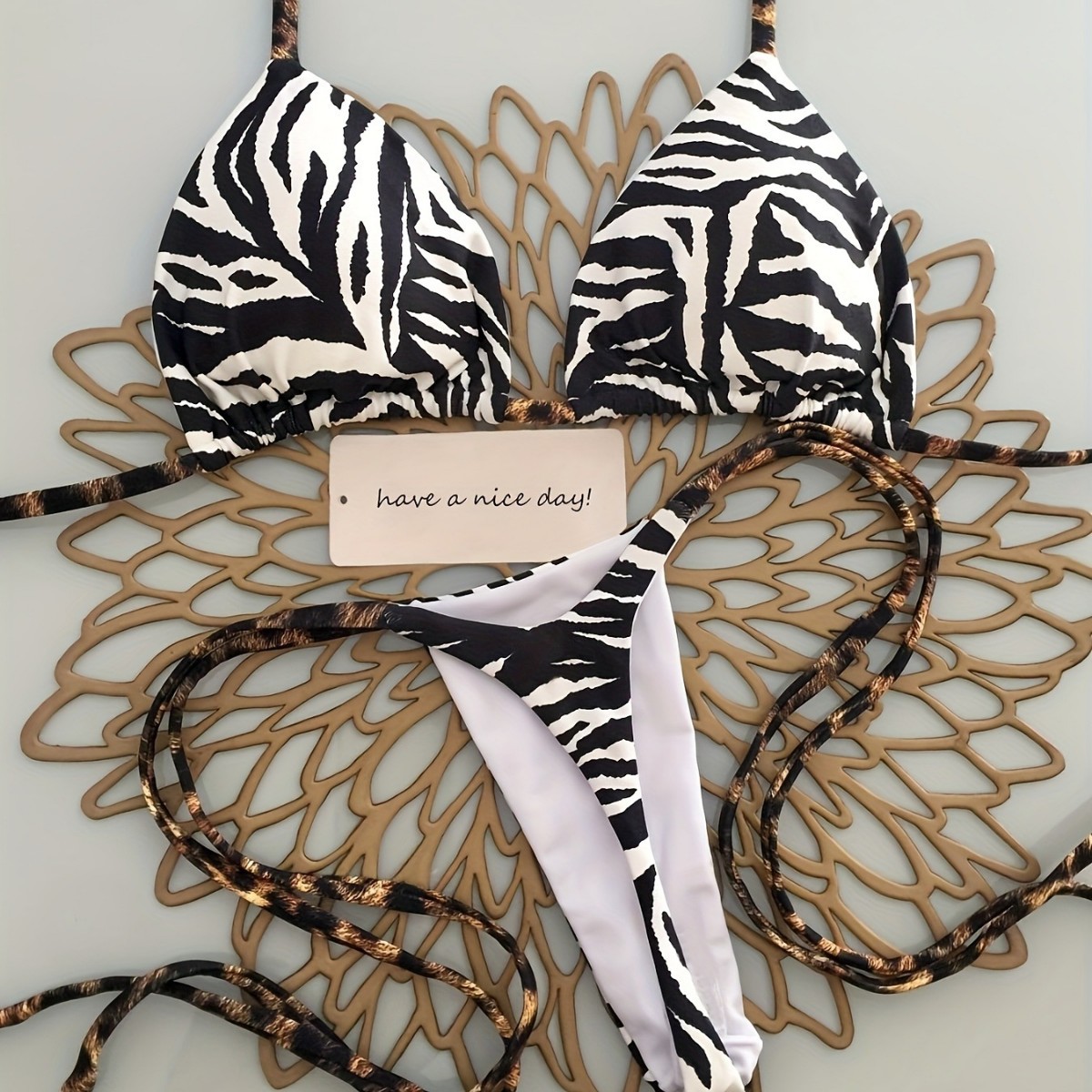 Cross-Border 2025 European and American Export New Leopard Print Lace-Up Halter Amazon Bikini Briefs Split Swimsuit for Women