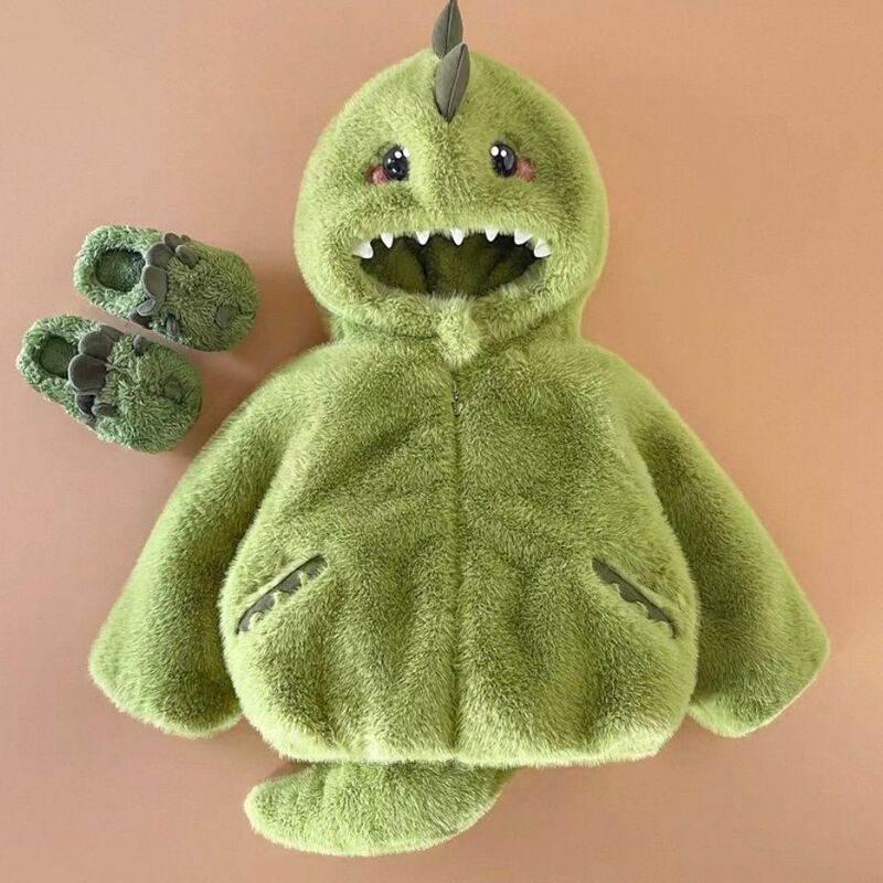 Hooded Fleece-Lined Thickened Dinosaur Jacket, Warm, Stylish, Cute Cartoon Style Autumn and Winter Thickened Jacket for Small and Medium Sizes, in Stock