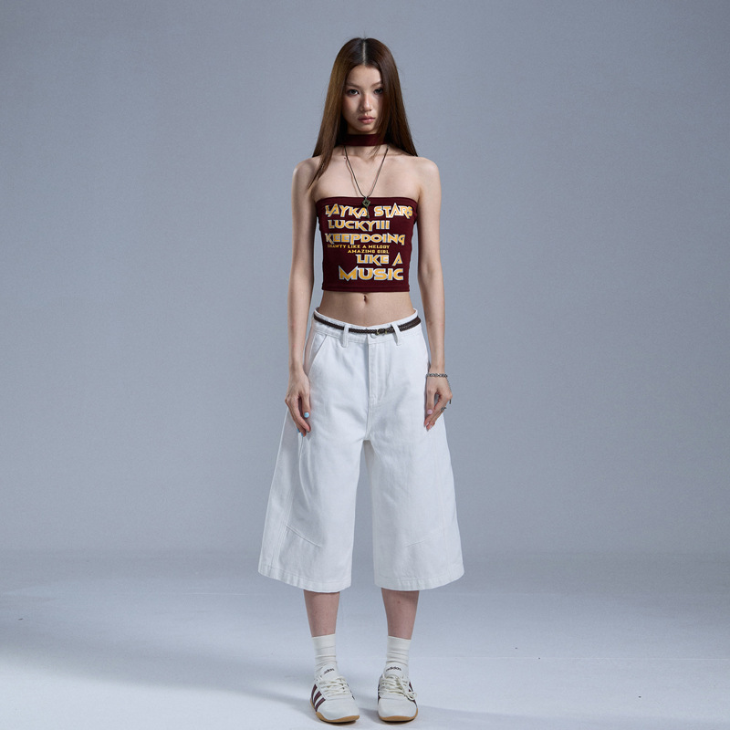 YECHUAN # White cropped jeans for women, new summer street style, loose wide-leg pants, slimming straight casual pants