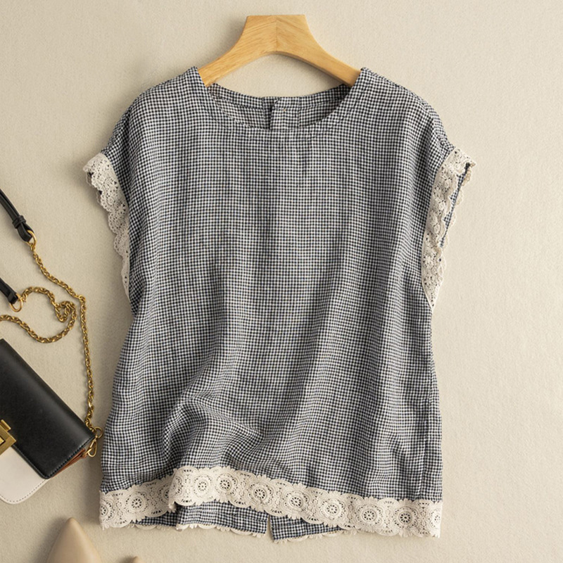 Literary Retro Plaid Vest Vest for Women Loose Round Neck Back Buttoned Lace Splicing Vest Top for Women