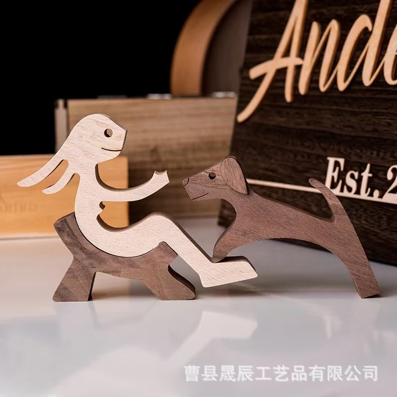 Decoración creativa de madera maciza para mascotas, decoración del hogar, hombre de madera y perro, artesanía conmemorativa, escritorio de oficina, pequeña talla de madera