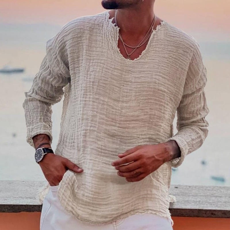 Cross-border Men's Medium and Long-sleeved T-shirt Shirt Summer V-neck Wear Cotton Men's Outdoor Casual All-match Fashion Top