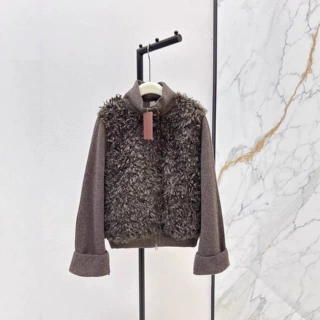 深圳南油25秋冬款时尚气质羊羔毛拼接单排扣针织立领羽绒服外套女