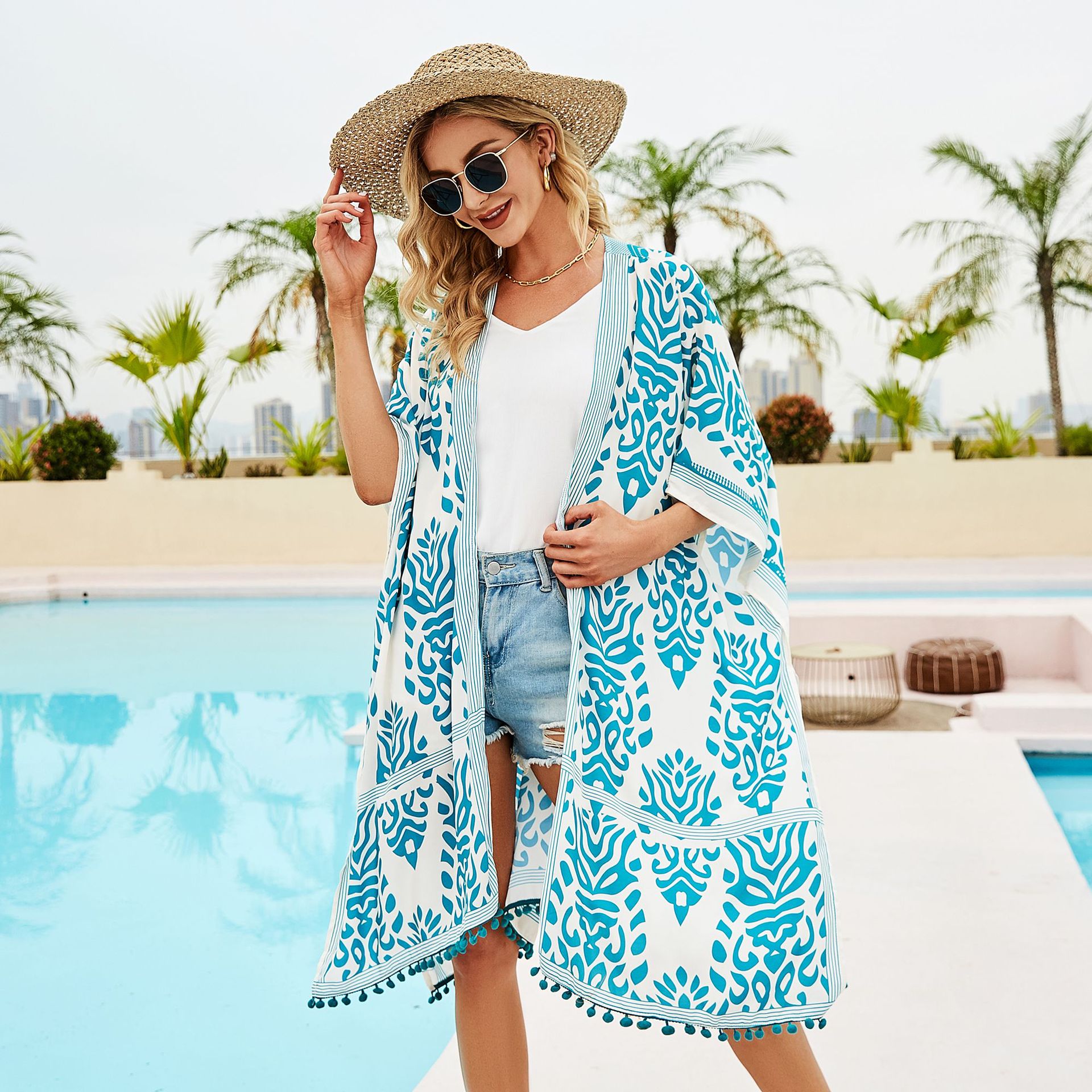 Transfronterizo nuevo europeo y americano playa vacaciones impreso sexy cardigan playa bikini Blusa de gasa de media longitud de protección solar image 3
